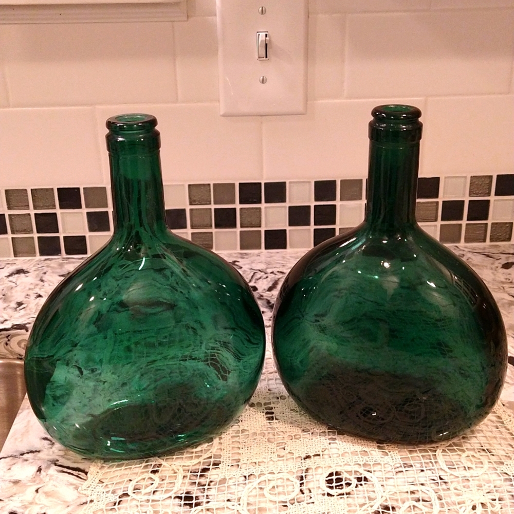 Two Vintage Liquor Bottles,- Pretty Blue Green Color- Could Use For a Vase